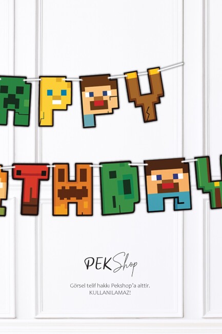 Minecraft Happy Birthday Banner Parti Süsleri İpe Dizili Duvar Süsü - 2