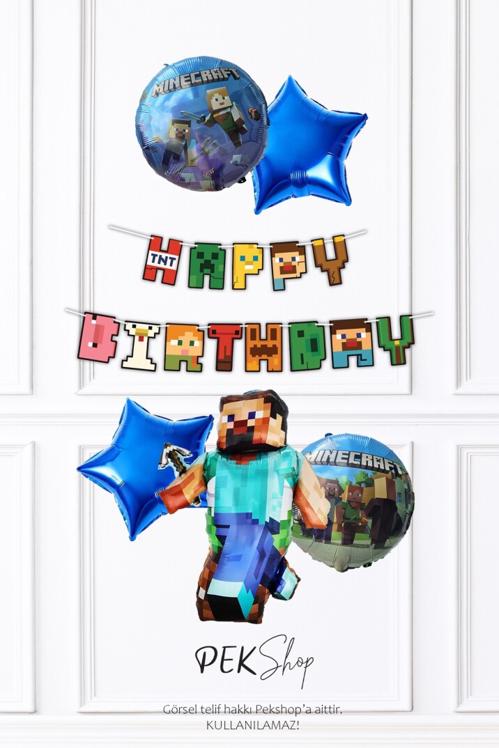 Minecraft Konsept Doğum Günü Seti Happy Bithday Banner ve 5li Balon Seti - 1
