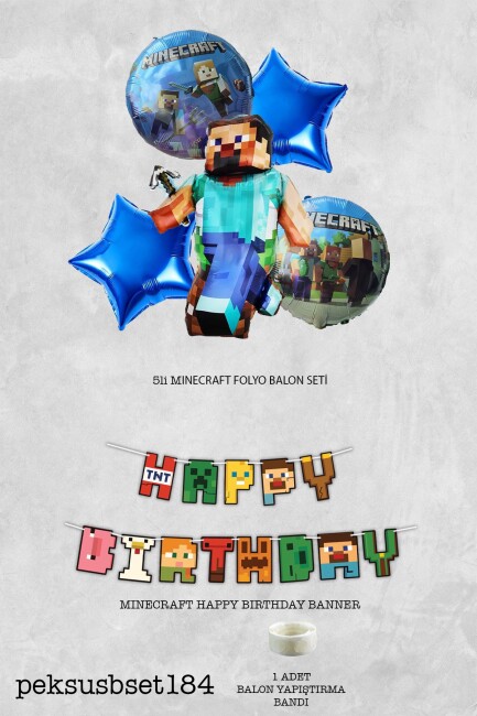 Minecraft Konsept Doğum Günü Seti Happy Bithday Banner ve 5li Balon Seti - 2