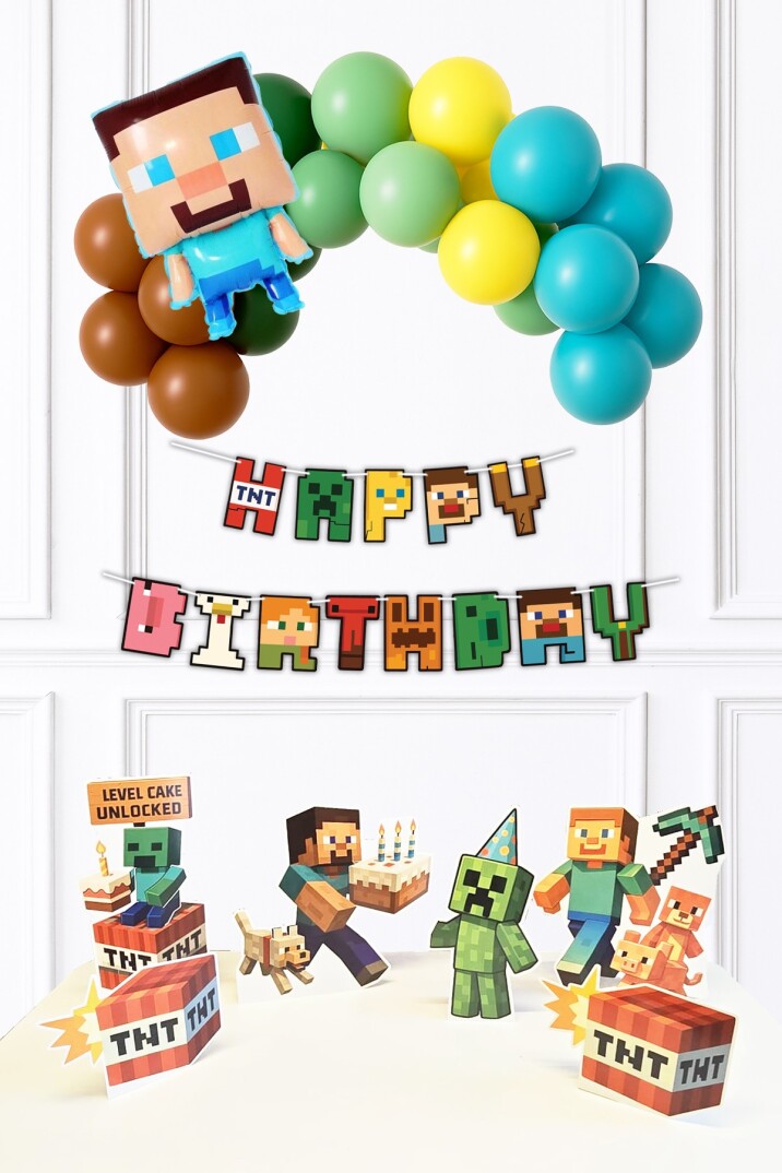 Minecraft Konsept Doğum Günü Süsleme Seti Steve Folyo Balonlu Lüks Paket - 1