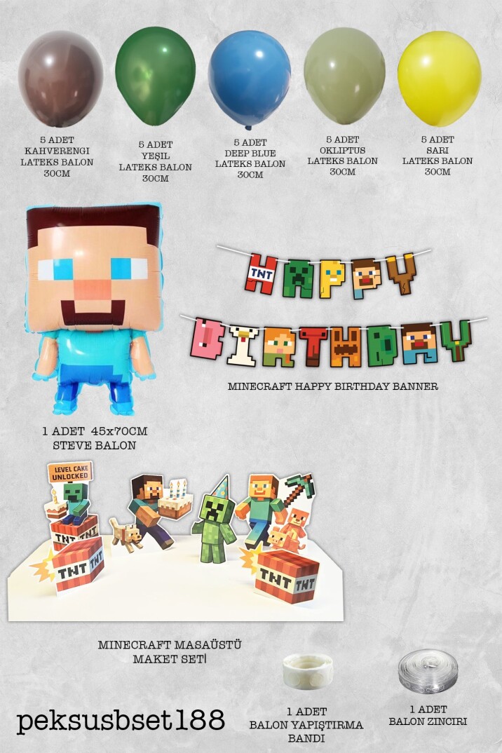 Minecraft Konsept Doğum Günü Süsleme Seti Steve Folyo Balonlu Lüks Paket - 2