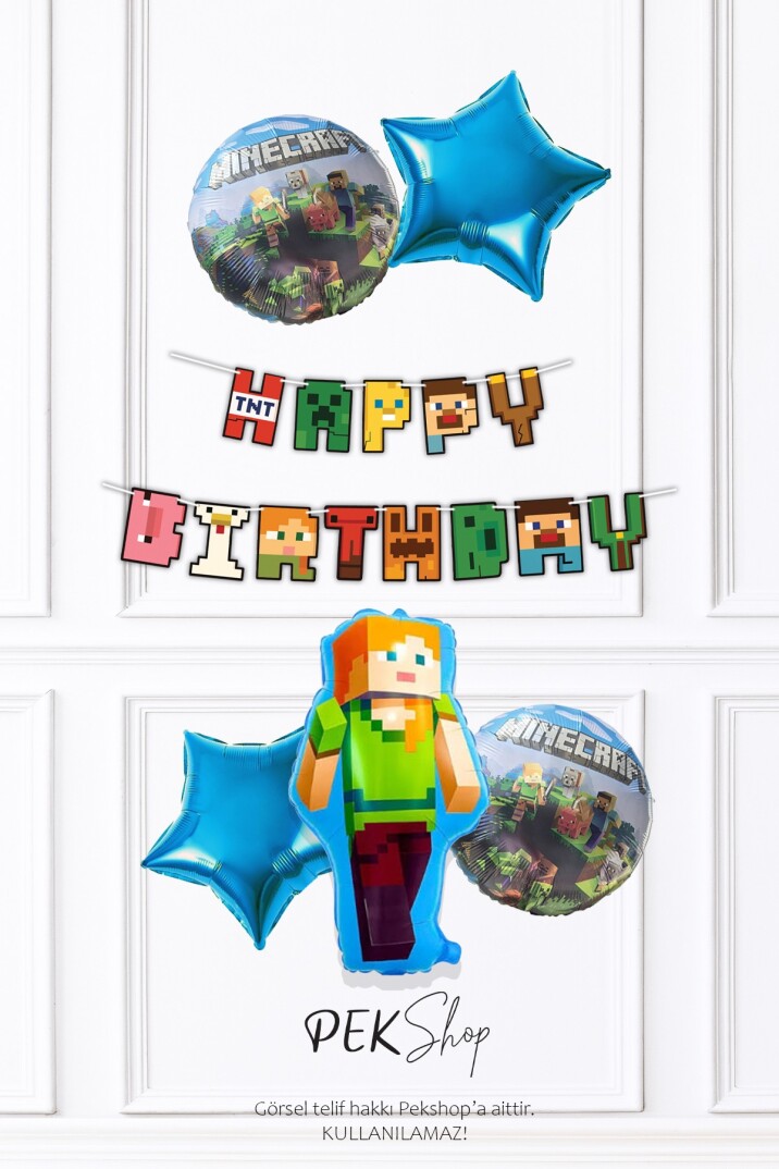 Minecraft Tema Alex Folyo Balonlu Bannerlı Yıldızlı 6 Parça Folyo Balon Seti Set274 - 1