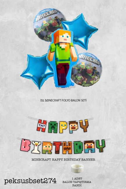 Minecraft Tema Alex Folyo Balonlu Bannerlı Yıldızlı 6 Parça Folyo Balon Seti Set274 - 2
