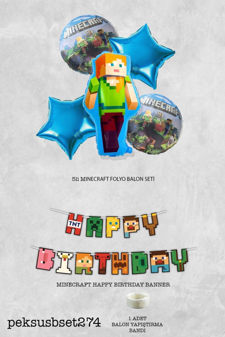 Minecraft Tema Alex Folyo Balonlu Bannerlı Yıldızlı 6 Parça Folyo Balon Seti Set274 - 2