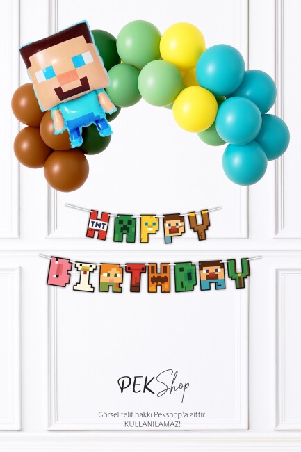 Minecraft Tema Doğum Günü Balon Zinciri Steve Balonlu Bannerlı - 1