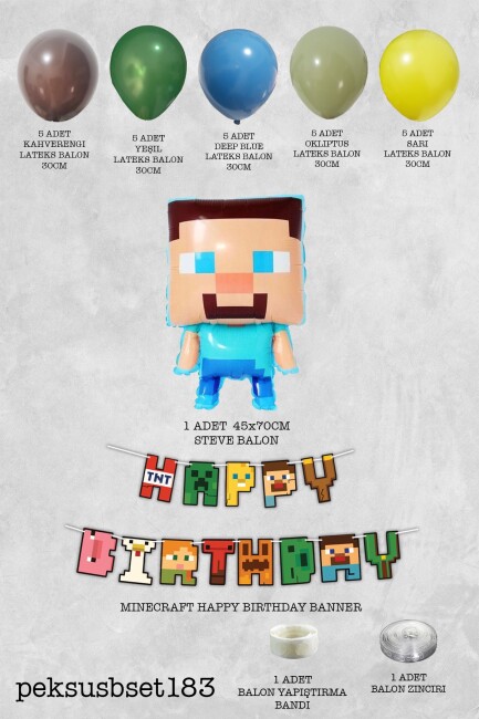 Minecraft Tema Doğum Günü Balon Zinciri Steve Balonlu Bannerlı - 2