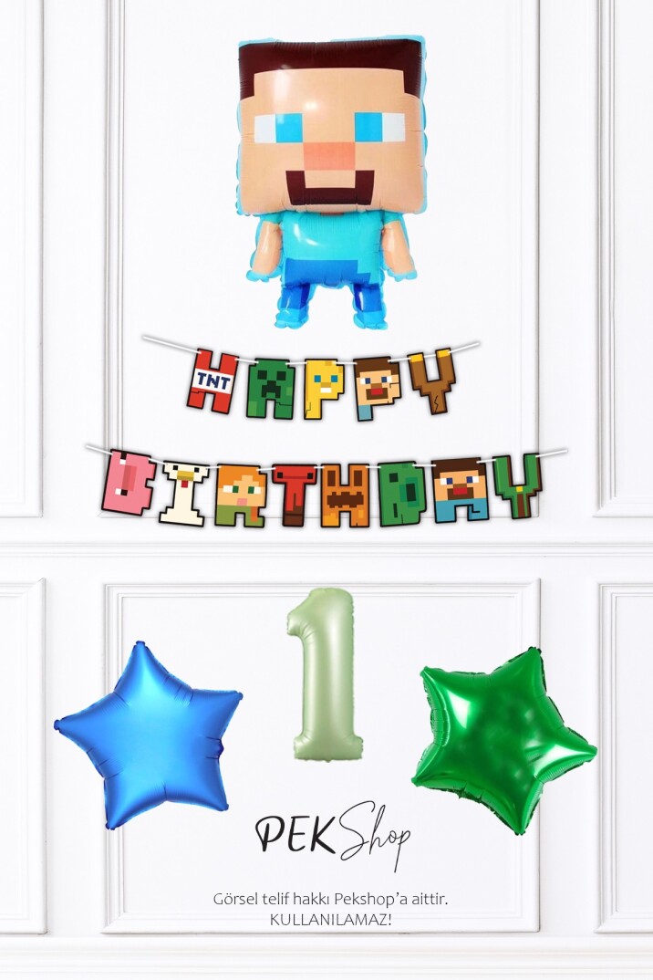 Minecraft Tema Doğum Günü Steve Balonlu Yıldızlı Doğum Günü Balon Seti - 1
