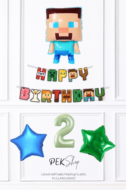 Minecraft Tema Doğum Günü Steve Balonlu Yıldızlı Doğum Günü Balon Seti - 4
