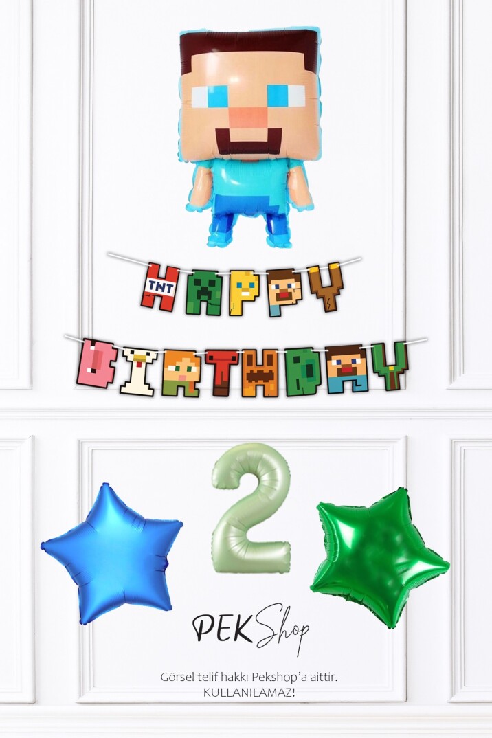 Minecraft Tema Doğum Günü Steve Balonlu Yıldızlı Doğum Günü Balon Seti - 4