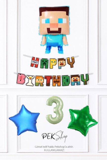 Minecraft Tema Doğum Günü Steve Balonlu Yıldızlı Doğum Günü Balon Seti - 7