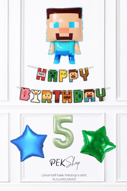 Minecraft Tema Doğum Günü Steve Balonlu Yıldızlı Doğum Günü Balon Seti - 13