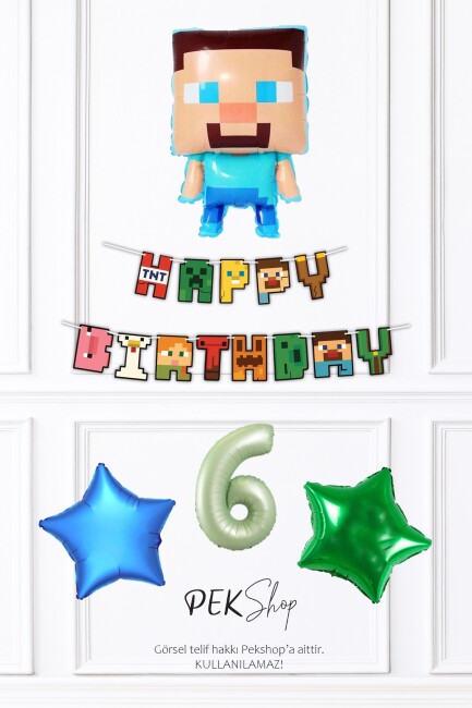 Minecraft Tema Doğum Günü Steve Balonlu Yıldızlı Doğum Günü Balon Seti - 16