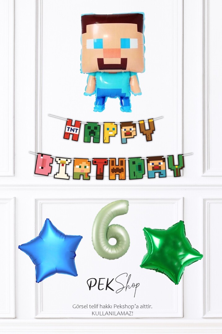 Minecraft Tema Doğum Günü Steve Balonlu Yıldızlı Doğum Günü Balon Seti - 16