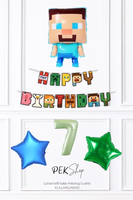 Minecraft Tema Doğum Günü Steve Balonlu Yıldızlı Doğum Günü Balon Seti - 19
