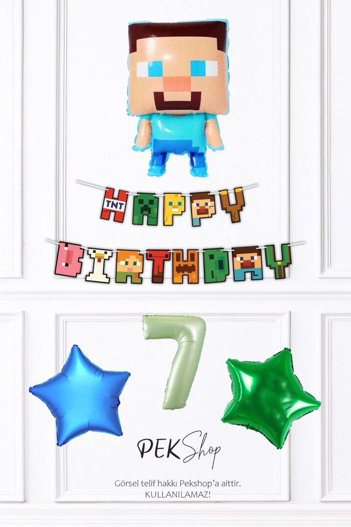 Minecraft Tema Doğum Günü Steve Balonlu Yıldızlı Doğum Günü Balon Seti - 19