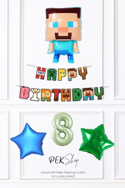 Minecraft Tema Doğum Günü Steve Balonlu Yıldızlı Doğum Günü Balon Seti - 22