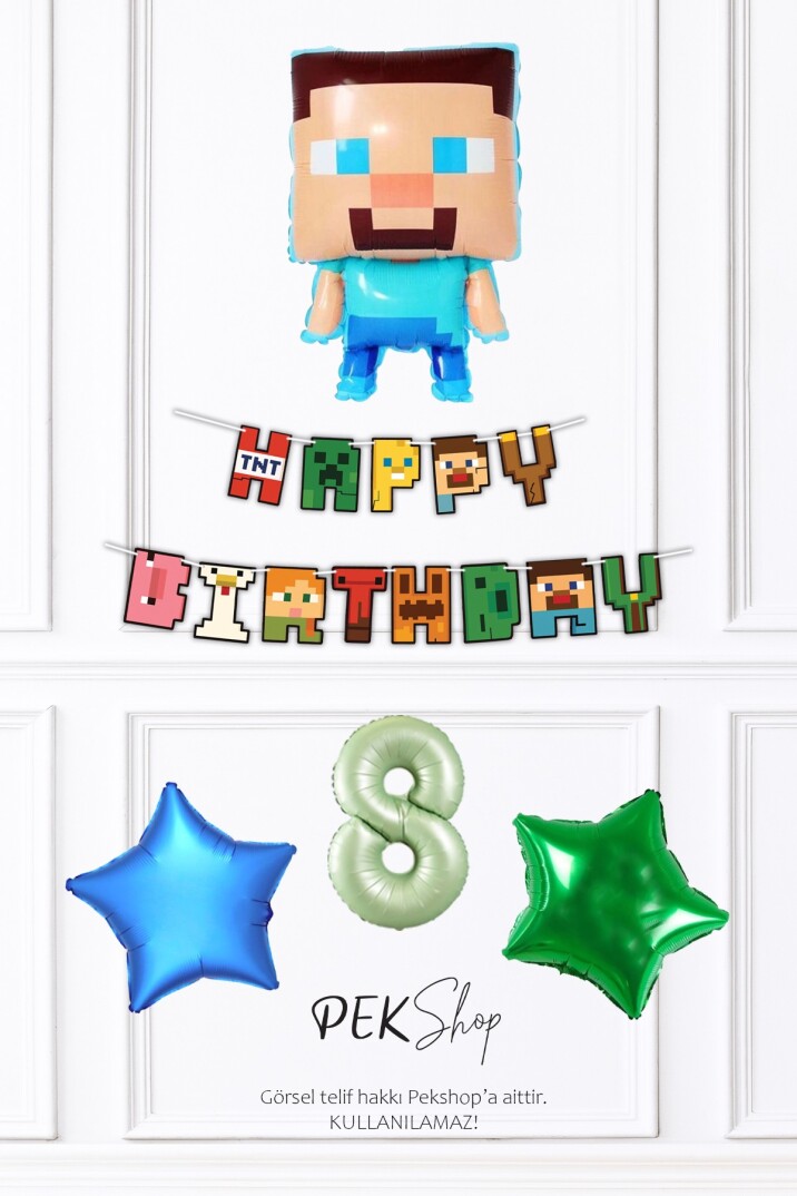 Minecraft Tema Doğum Günü Steve Balonlu Yıldızlı Doğum Günü Balon Seti - 22