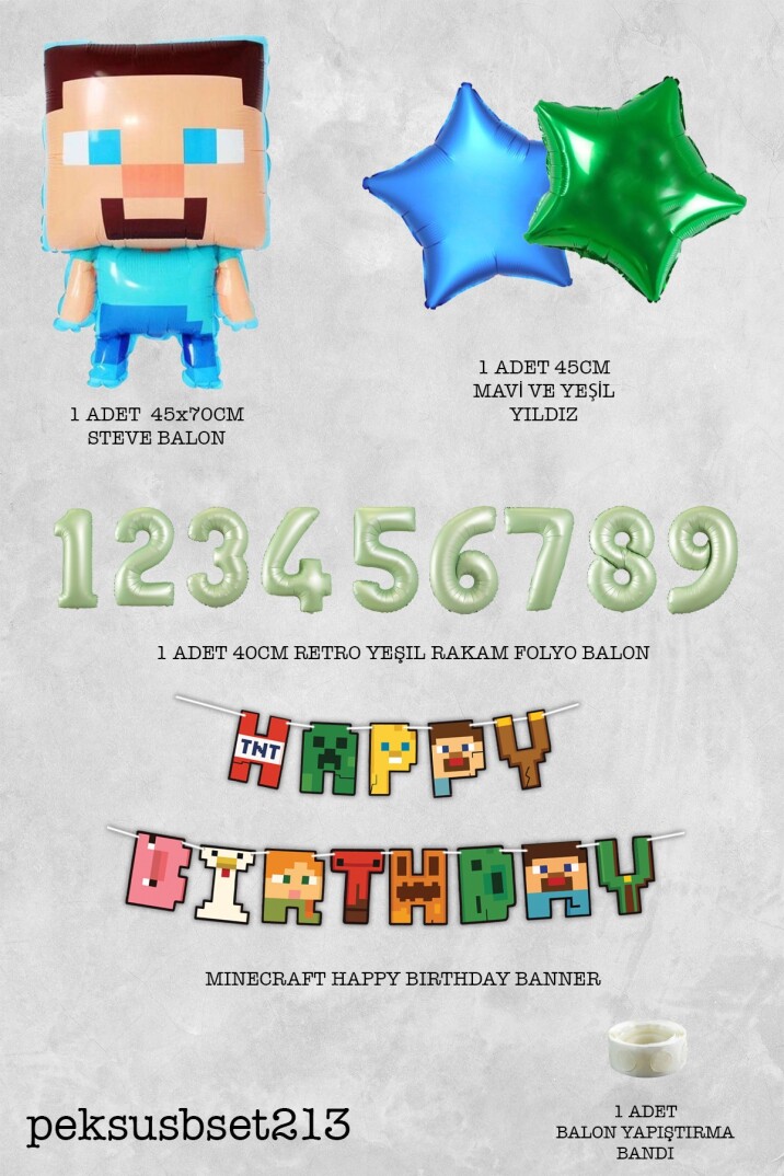 Minecraft Tema Doğum Günü Steve Balonlu Yıldızlı Doğum Günü Balon Seti - 23