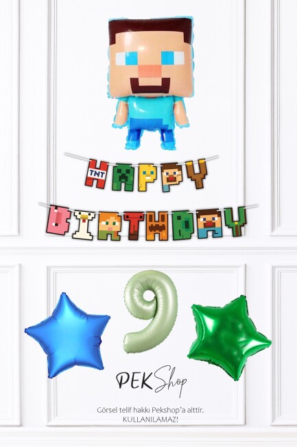 Minecraft Tema Doğum Günü Steve Balonlu Yıldızlı Doğum Günü Balon Seti - 25