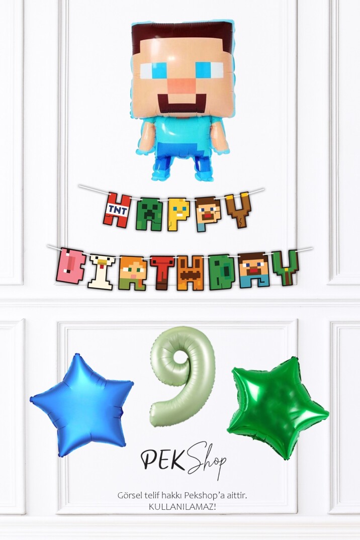 Minecraft Tema Doğum Günü Steve Balonlu Yıldızlı Doğum Günü Balon Seti - 25