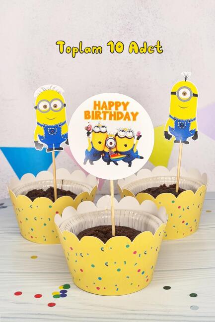 Minions Konsept Kürdan Süsleri Cupcake Süsleri Lüks Büyük Boy 10lu Paket - 2