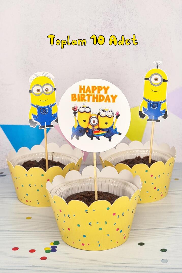 Minions Konsept Kürdan Süsleri Cupcake Süsleri Lüks Büyük Boy 10lu Paket - 2