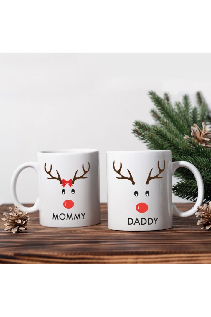 Mommy Daddy Anne Babaya Özel Geyikli Yılbaşı Hediye Kupa Takımı - 1