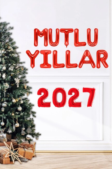 Mutlu Yıllar 2027 Kırmızı Balon Seti Harf ve Rakam 2026 Yılbaşı Balon Süsleme Seti