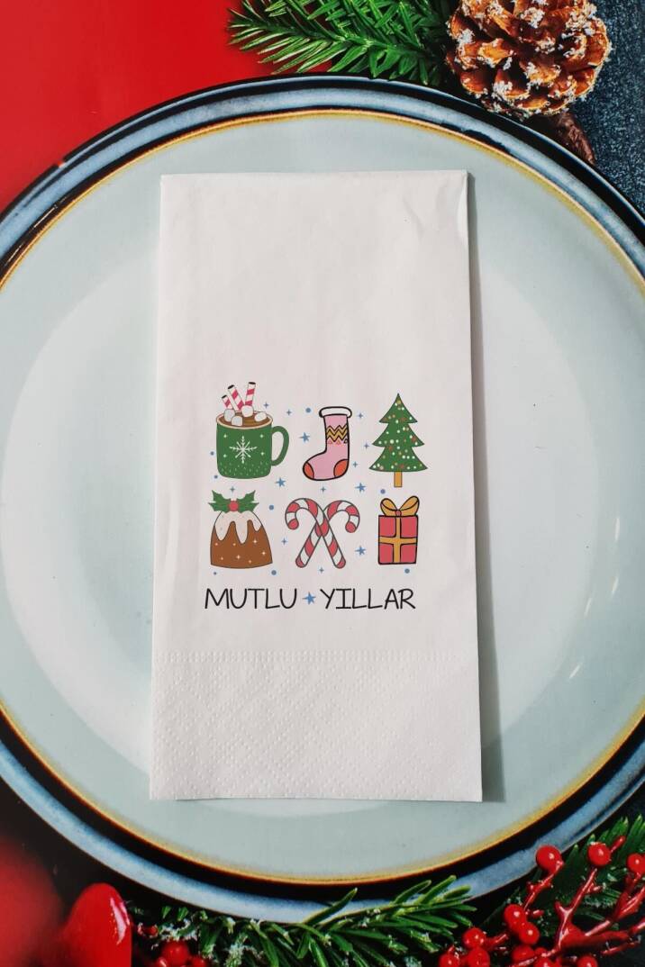 Mutlu Yıllar Yazılı Retro Desenli Yılbaşı - Yeni Yıl Sunum Peçetesi - 1