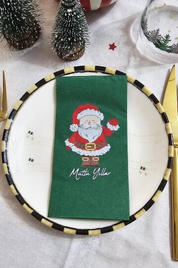 Noel Baba Baskılı Yeşil Yılbaşı Peçetesi - Yeşil Peçete 12li Paket - 3