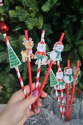 Noel Baba Kardan Adam Süslü Yılbaşı Pipetleri 10lu Paket - 1