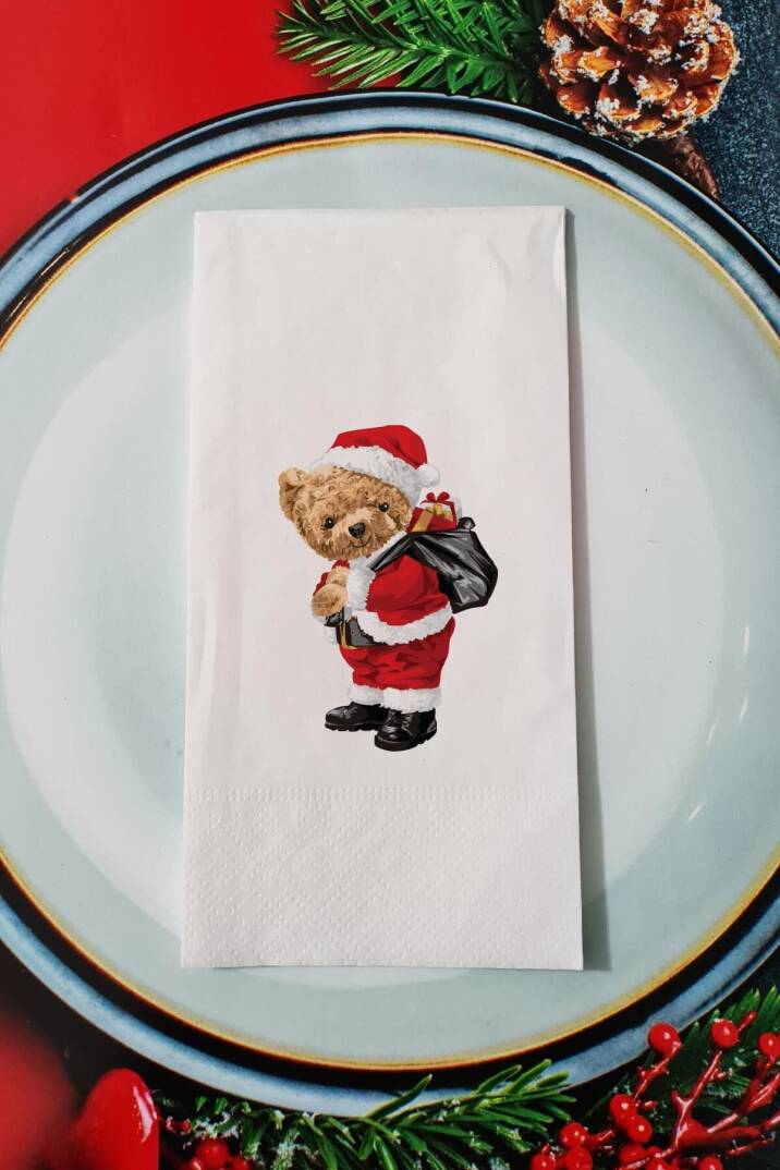 Noel Baba Kostümlü Teddy Bear Desenli Yılbaşı - Yeni Yıl Sunum Peçetesi - 1