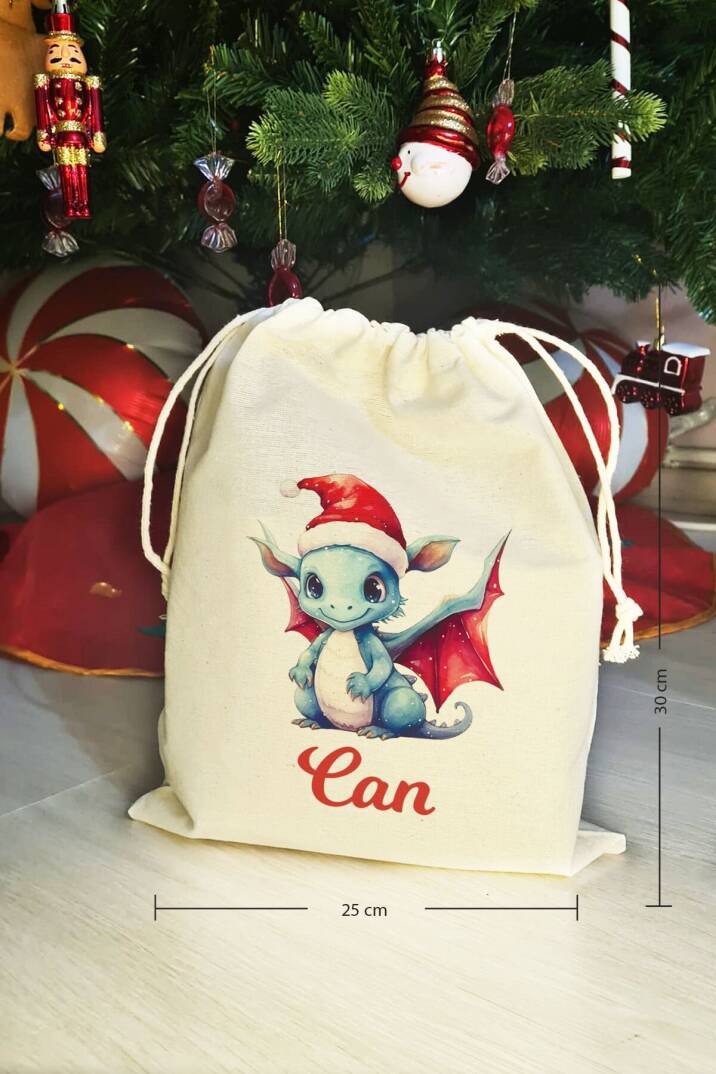 Noel Baba Şapkalı Dragon İsme Özel Yılbaşı Hediye Kesesi - 3