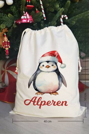 Noel Baba Şapkalı Penguen İsme Özel Yılbaşı Hediye Kesesi - 1
