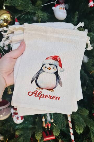 Noel Baba Şapkalı Penguen İsme Özel Yılbaşı Hediye Kesesi - 2