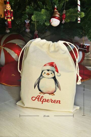 Noel Baba Şapkalı Penguen İsme Özel Yılbaşı Hediye Kesesi - 3