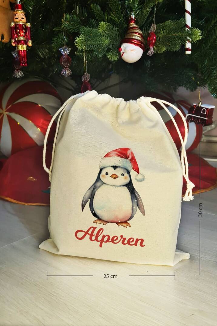 Noel Baba Şapkalı Penguen İsme Özel Yılbaşı Hediye Kesesi - 3