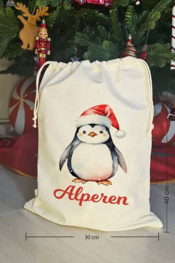 Noel Baba Şapkalı Penguen İsme Özel Yılbaşı Hediye Kesesi - 4