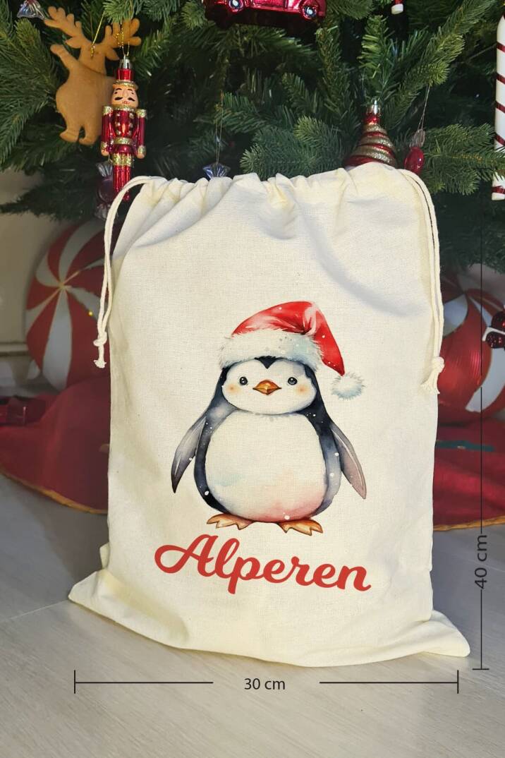 Noel Baba Şapkalı Penguen İsme Özel Yılbaşı Hediye Kesesi - 4