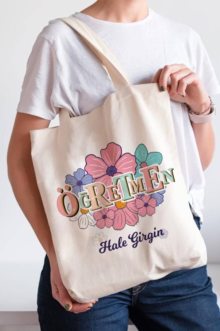 Öğretmene Hediye İsim Baskılı Bez Çanta Hediyelik Çiçekli - 1