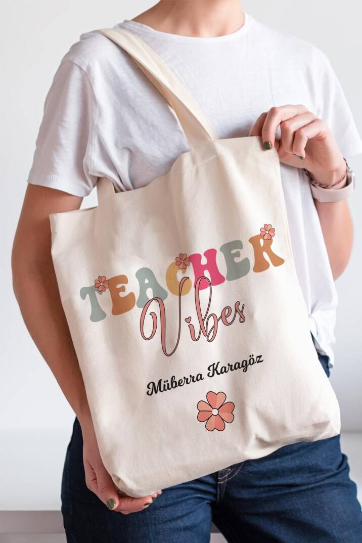Öğretmene Hediye İsim Baskılı Bez Çanta Hediyelik Teacher Vibes - 1