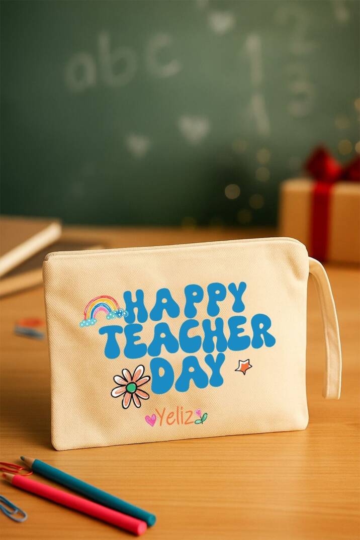 Öğretmenler Günü Hediyesi Clutch Çanta Happy Teachers Day İsme Özel Baskı Çanta - 1