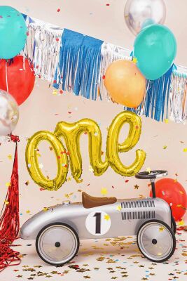One Folyo Balon GOLD İtalik Birleşik 1 Yaş Balonu 110cm - 3