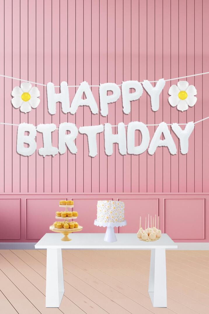 Papatya Tema Beyaz Happy Birthday Balonu ve 2 Adet Mini Papatya Balon Seti - 1