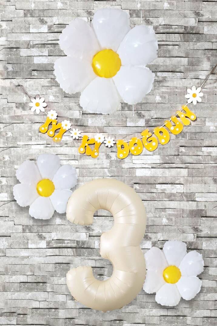 Papatya Tema Doğum Günü Balon Süsleme Seti Bannerlı Yaş Balonu Balon Zincir Paketi - 4