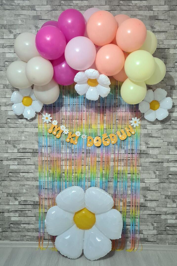 Papatya Tema Doğum Günü Parti Paketi Fon Perdeli Bannerlı Lüks Balon Seti 33 Parça - 1