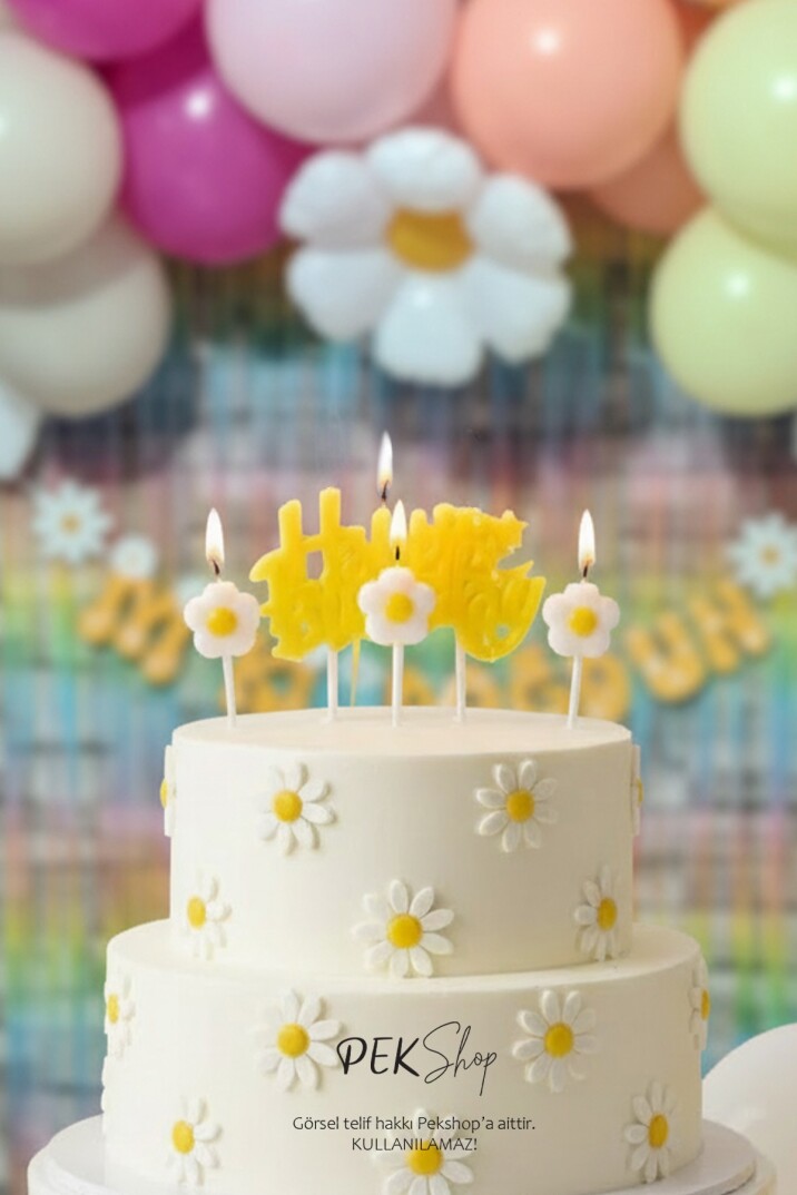 Papatya Tema Happy Birthday Mum Seti 4lü Papatya Doğum Günü Pasta Mum Seti - 1