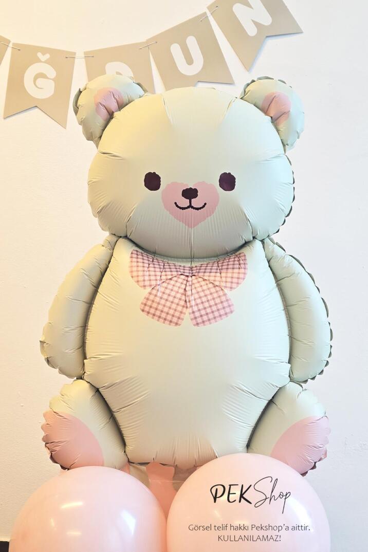 Papyonlu Retro Krem Ayı Balon Pembe Detaylı Retro Ayı Folyo Balon - 1