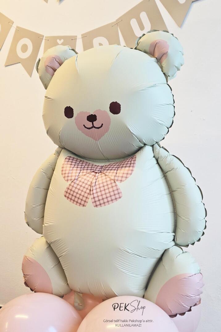 Papyonlu Retro Krem Ayı Balon Pembe Detaylı Retro Ayı Folyo Balon - 2