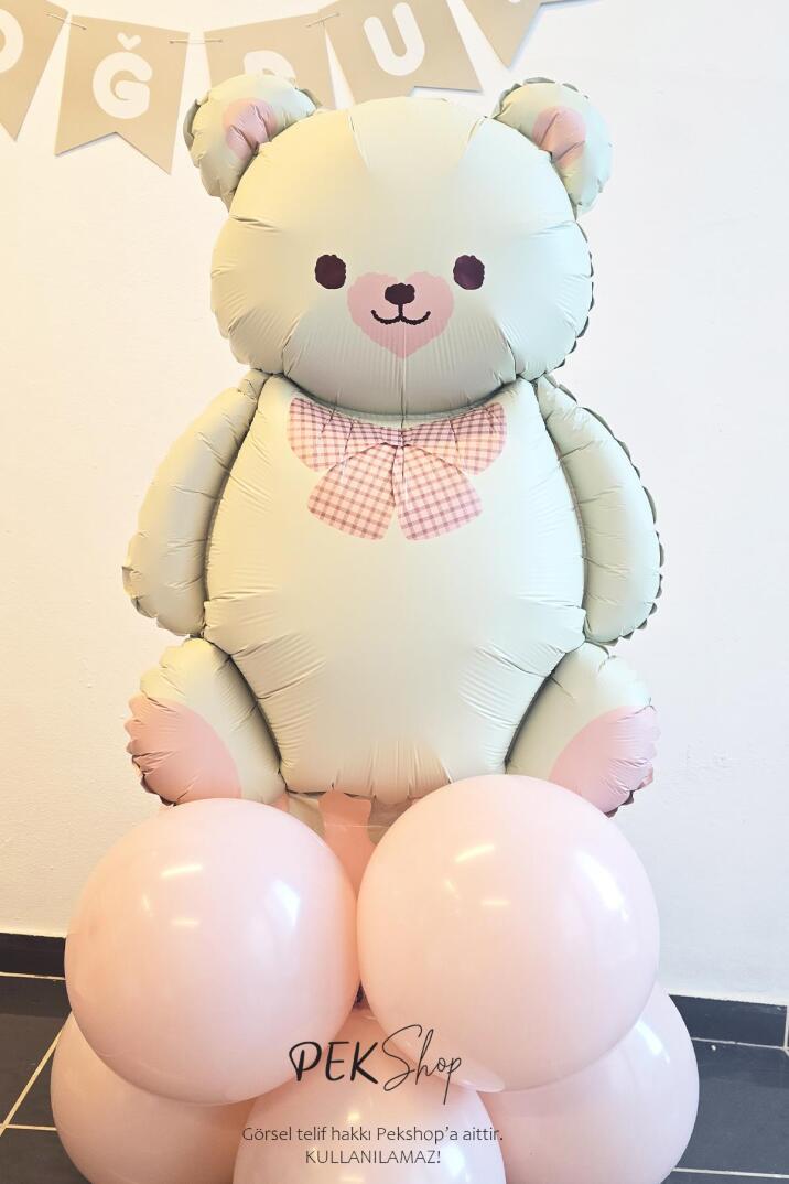 Papyonlu Retro Krem Ayı Balon Pembe Detaylı Retro Ayı Folyo Balon - 3